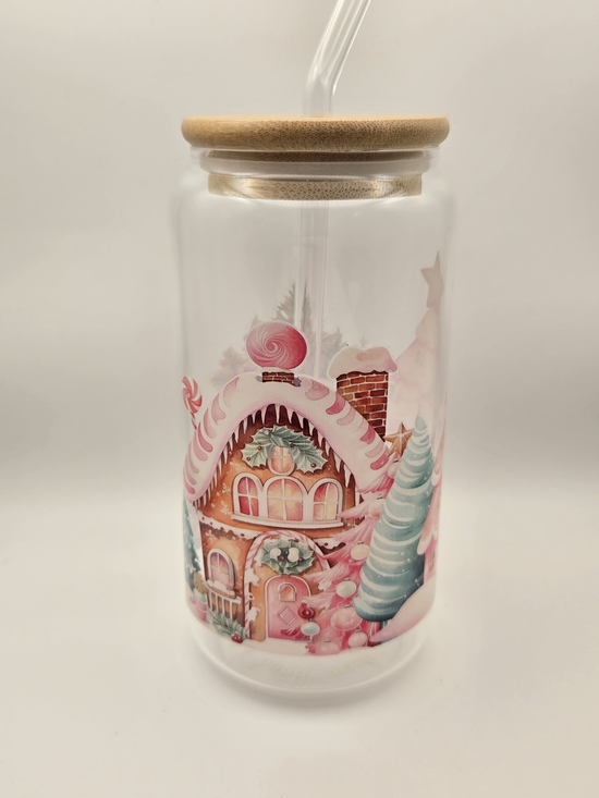 Erins Lovely Creations Other - Glass Drink Bottle with Bamboo Lid — Pink & Mint Gingerbread House Design